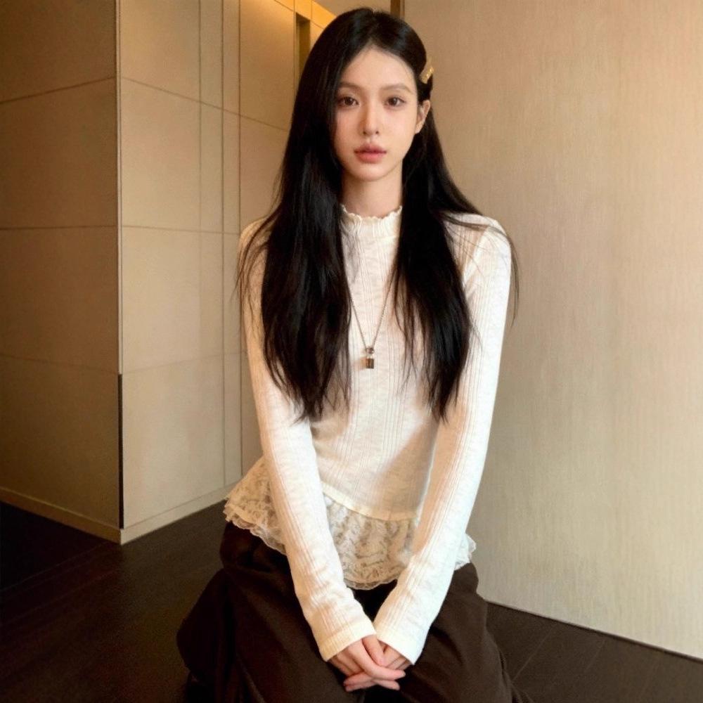 High-End Korean Style Lace Trim Ruffle Hem Top