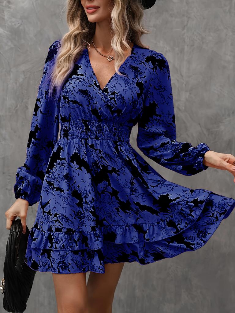 Tume Floral Print Lantern Sleeve Ruffled Long Sleeve V-Neck Dress Ladies Temperament Skinny Small