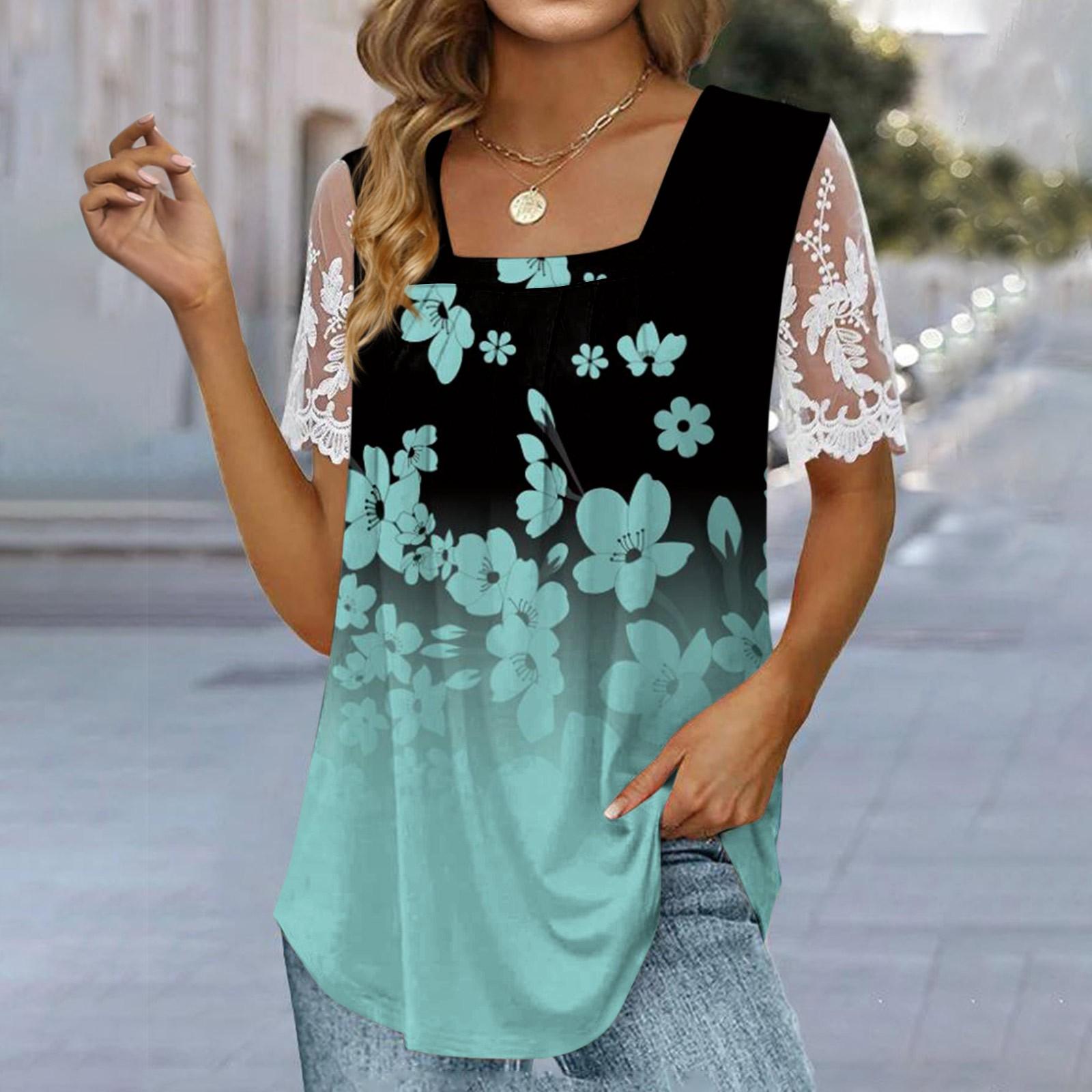 Женская плиссированная кружевная футболка с квадратным вырезом и коротким рукавом — фото 6