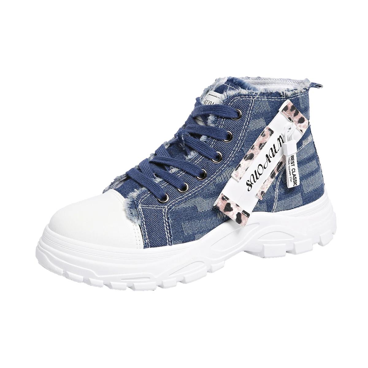 

Модная обувь женская 2025 Высокие женские кеды на вулканизированной подошве Уличная шнуровка Женские кроссовки Платформа Джинсовые женские повседневные туфли больших размеров 35