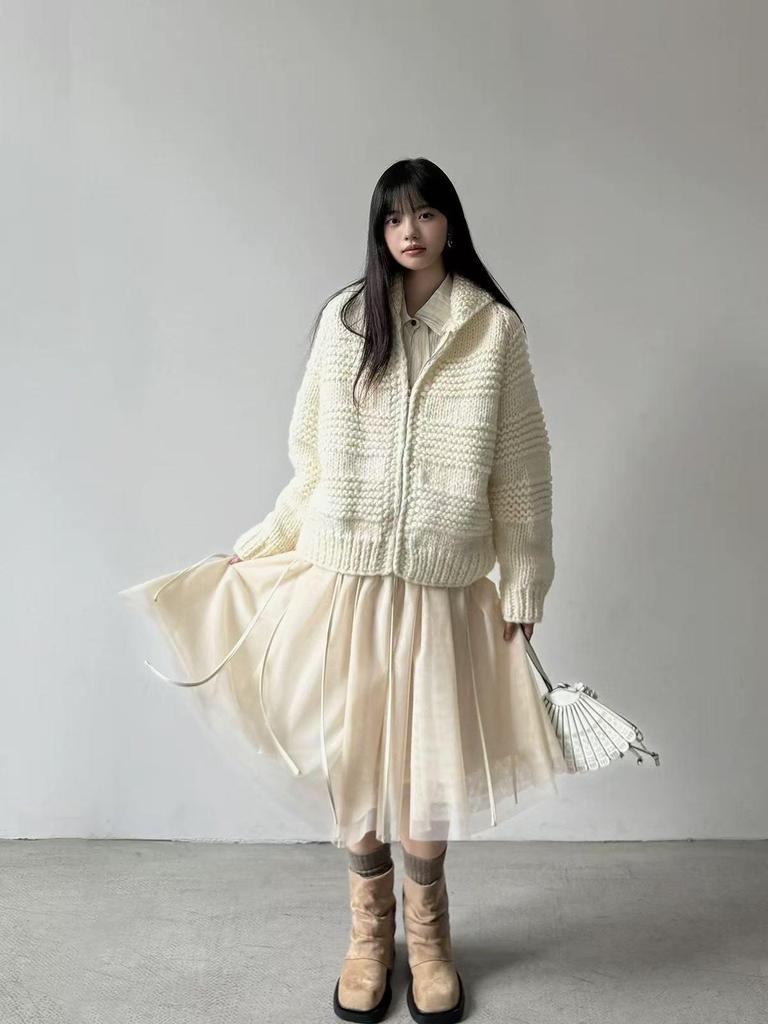 Women's High Neck Zip-up Chunky Knit Cardigan - Japanese & Korean Style (Autumn/Winter)
