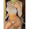 2024 Bikini cu mânecă lungă cu imprimeu leopard pentru femei Costum de baie pentru femeie Set de bikini trei piese Costum de baie pentru baie