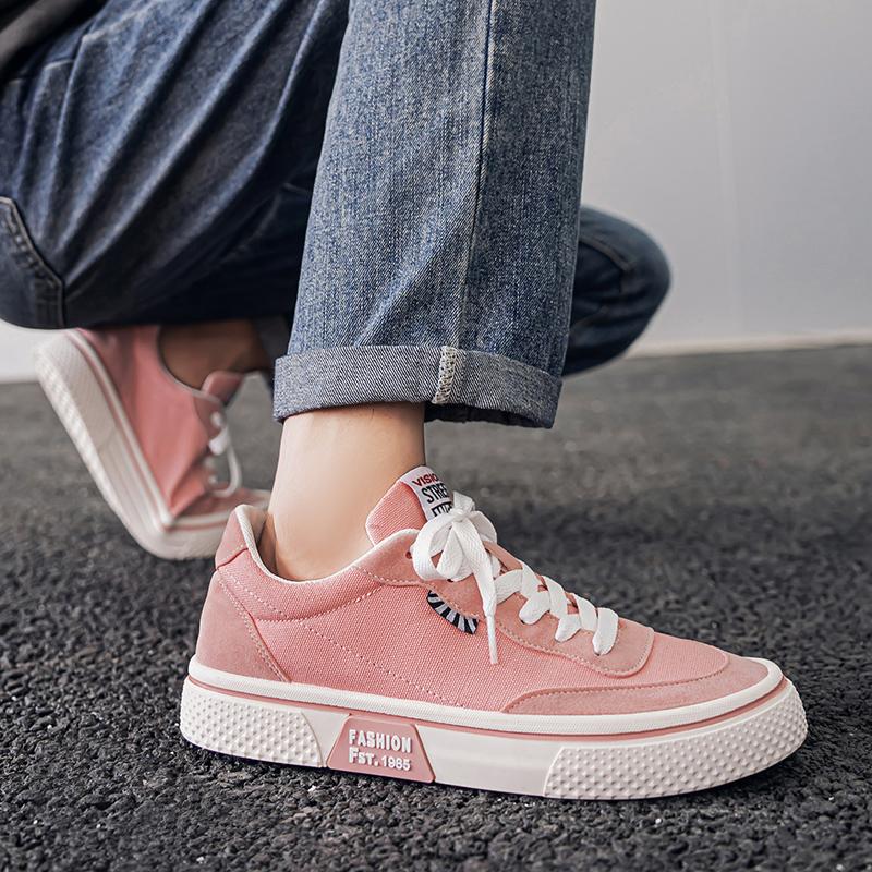 Fashion Korean Pink Mens Vulcanized Shoes Low Cut Flat Canvas Shoes Men Comfy Breathable Casual Shoes Man Skateboard Shoes