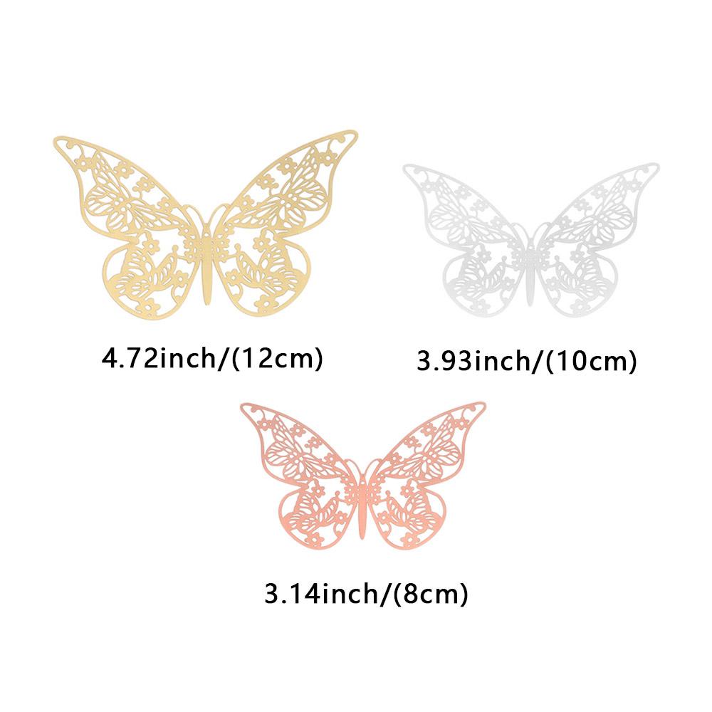 12Pcs/Pack 3D Hollow Out Butterfly Stickers Gold/Silver/Rosegold Mirror Decals Metal Texture Wall Art Wedding Party Supplies