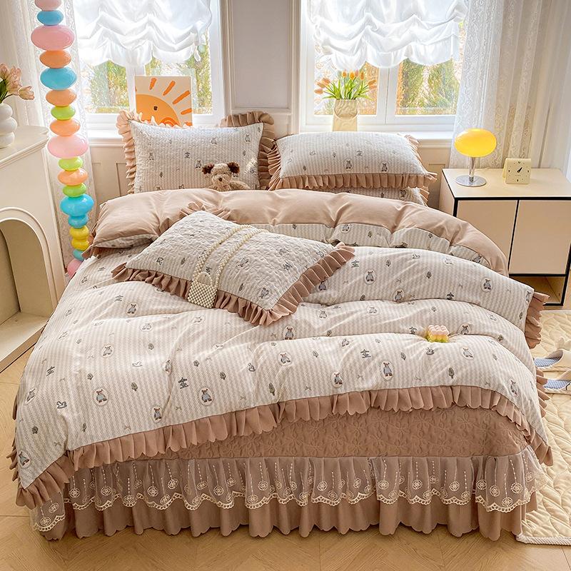 Pure Cotton Double-layer Yarn Quilt Cover Bed Skirt Lace Single-piece Three-piece Four-piece Set Four-season Universal Bed Sheet Quilt Cover