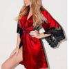 Robe de Noite Feminina com Robe e Fio Dental Renda Floral Roupão Manga Curta Camisola Feminina Francesa Sexy Cetim Sedoso Roupa de Dormir