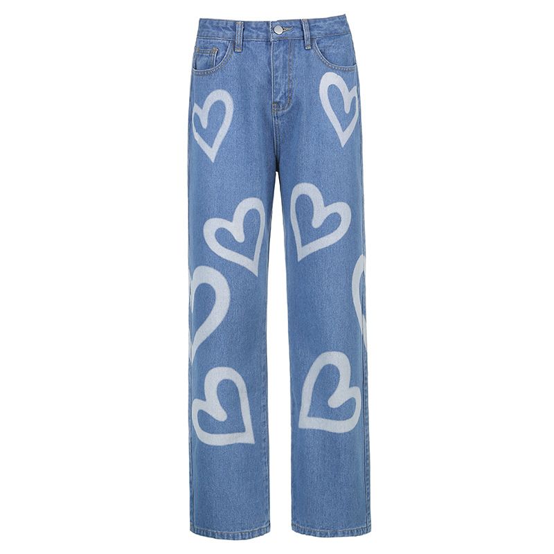 

Women s Sexy Love Monochrome Graffiti Print Loose Jeans Black Blue M