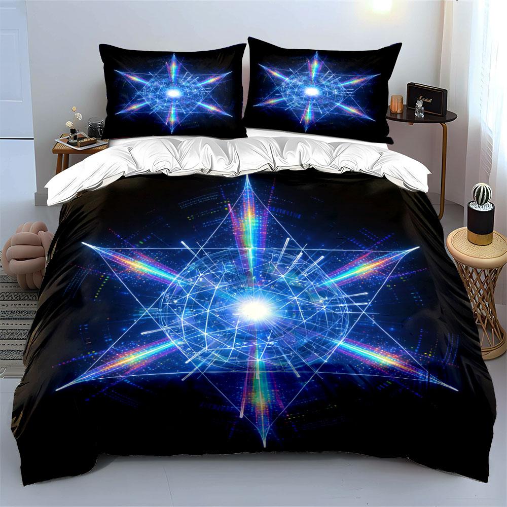 3Pcs Neon Geometric Bedding Set, Rainbow Light Star Pattern Print Duvet Cover + 2 Pillowcases, Techno Vibe Home Decor