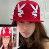 Y2K Sweet Punk Red Embroidered Bunny Baseball Cap Women Adjustable Flat Brim Hat Retro Streetwear