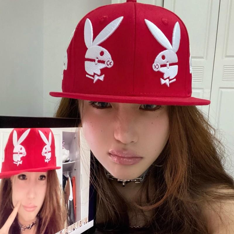 Y2K Sweet Punk Red Embroidered Bunny Baseball Cap Women Adjustable Flat Brim Hat Retro Streetwear