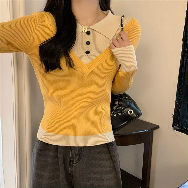 

Design collar knitted sweater women s spring and autumn casual versatile loose slim fit bottoming shirt long-sleeved top women жёлтый