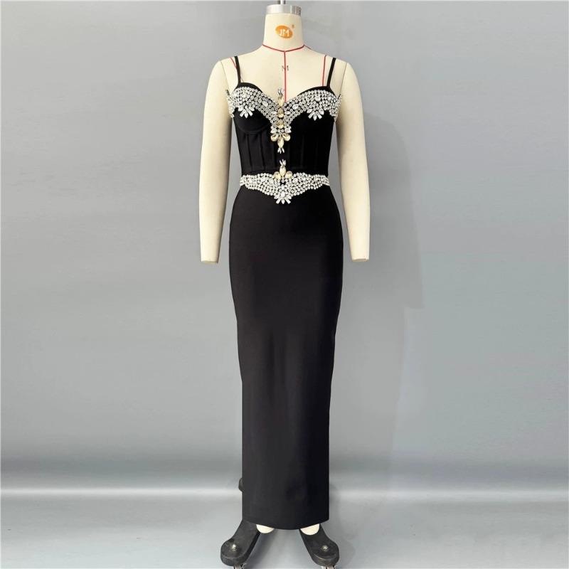 Seksowna sukienka bandażowa z koralikami, na ramiączkach, obcisła, z rozcięciami, sukienka bandażowa, sukienka bankietowa wieczorowa, nowa odzież damska