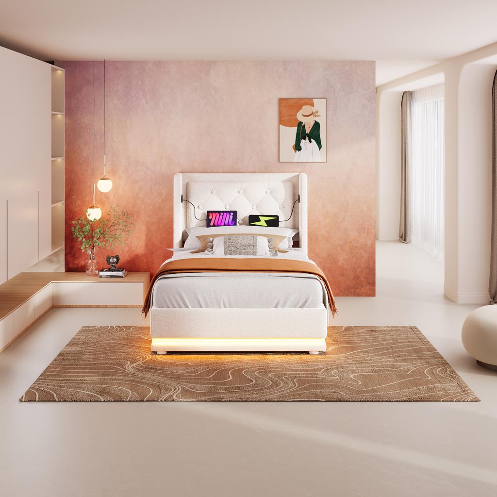Upholstered Single Bed 90*200 cm, Beige Cotton Hydraulic Storage, Headboard with USB Type-C Charging, 3-Sided LED Function (Without Mattress)