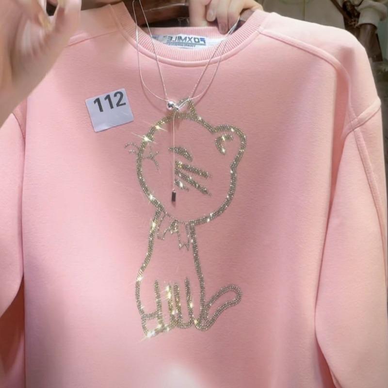 Hot Diamond T-shirt Korean Style Fashionable Loose Round Neck Sweatshirt for Women Autumn and Winter New Long-sleeved Top