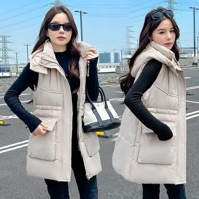 Down Cotton Medium and Long Vest Jacket Loose Autumn and Winter New Warm Waist Drawstring Vest Jacket