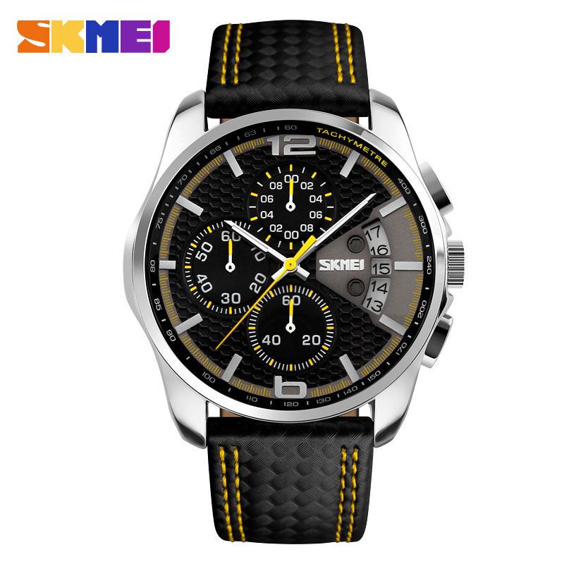 SKMEI 9106 Leather Strap Waterproof Quartz Watch with Stopwatch.