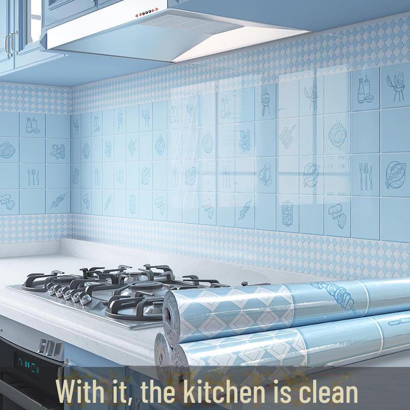 "Modrá kuchyňská voděodolná nálepka na sporák odolná proti oleji": Tapeta na stěnu a pracovní desku odolná vůči vysokým teplotám, šířka 60 cm."