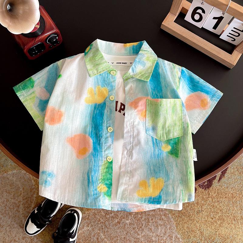 Boys Lightweight Green Cartoon Print Casual Shirt Summer Stylish Top