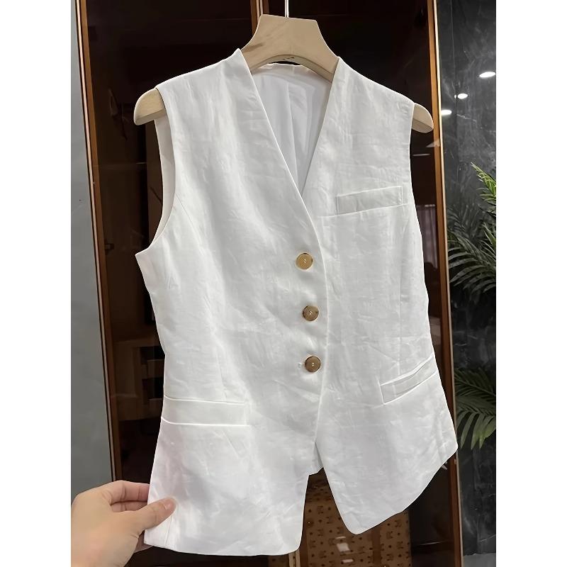 Women's Linen Blend Vest, V-Neck Sleeveless Button-Down Waistcoat, Lightweight Tailored Suit Vest for Business Casual Office