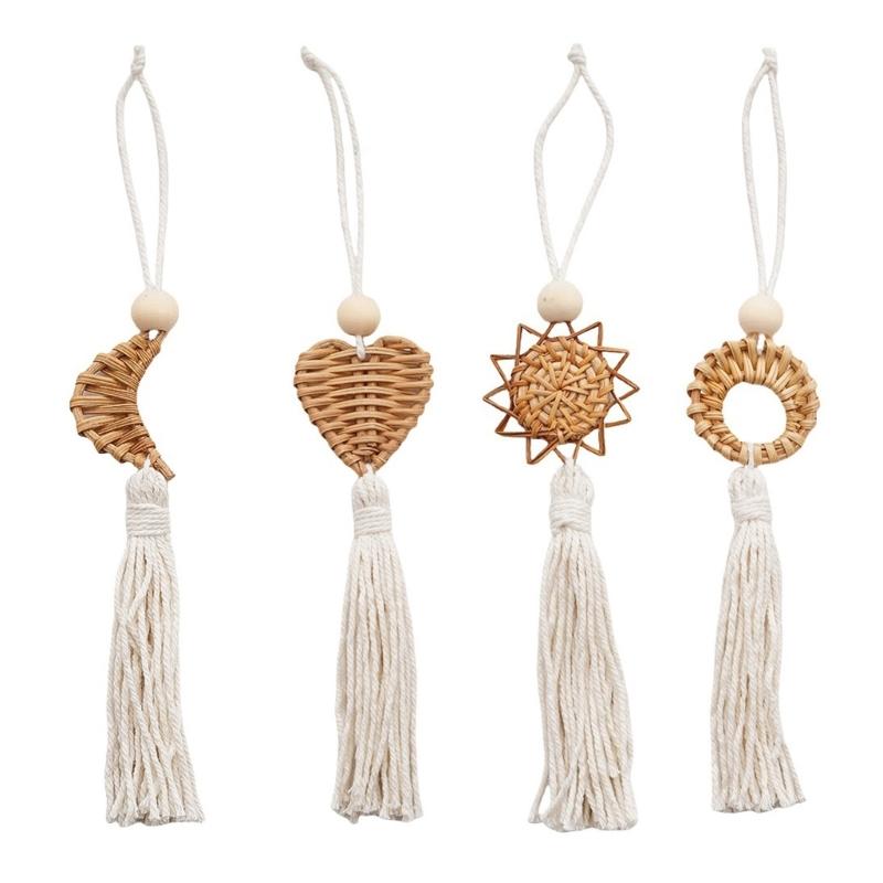 Set of 4 Handwoven Wall Hanging Natural Fiber Pendants Decors With Cotton Tassels For Living Room Aesthetic Ornaments 1