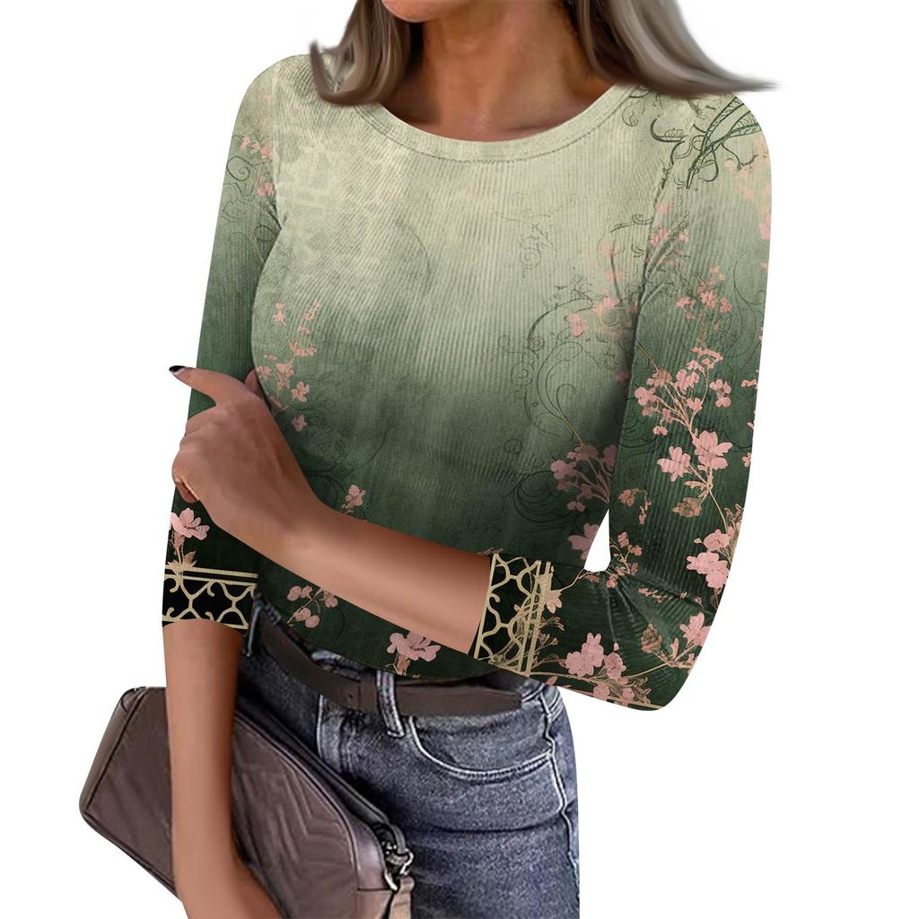 Women's Slim Bottom T-shirt Fashion Casual  Printed Round Neck Pullover Seven Sleeve Top
