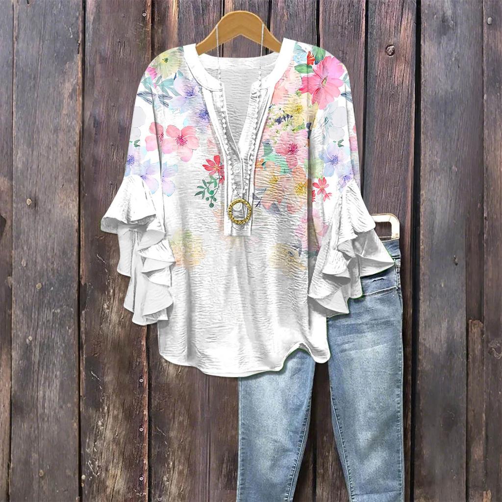 Women's Fashion Casual Button V-Neck Seven Sleeve Vintage Printed Shirt Top