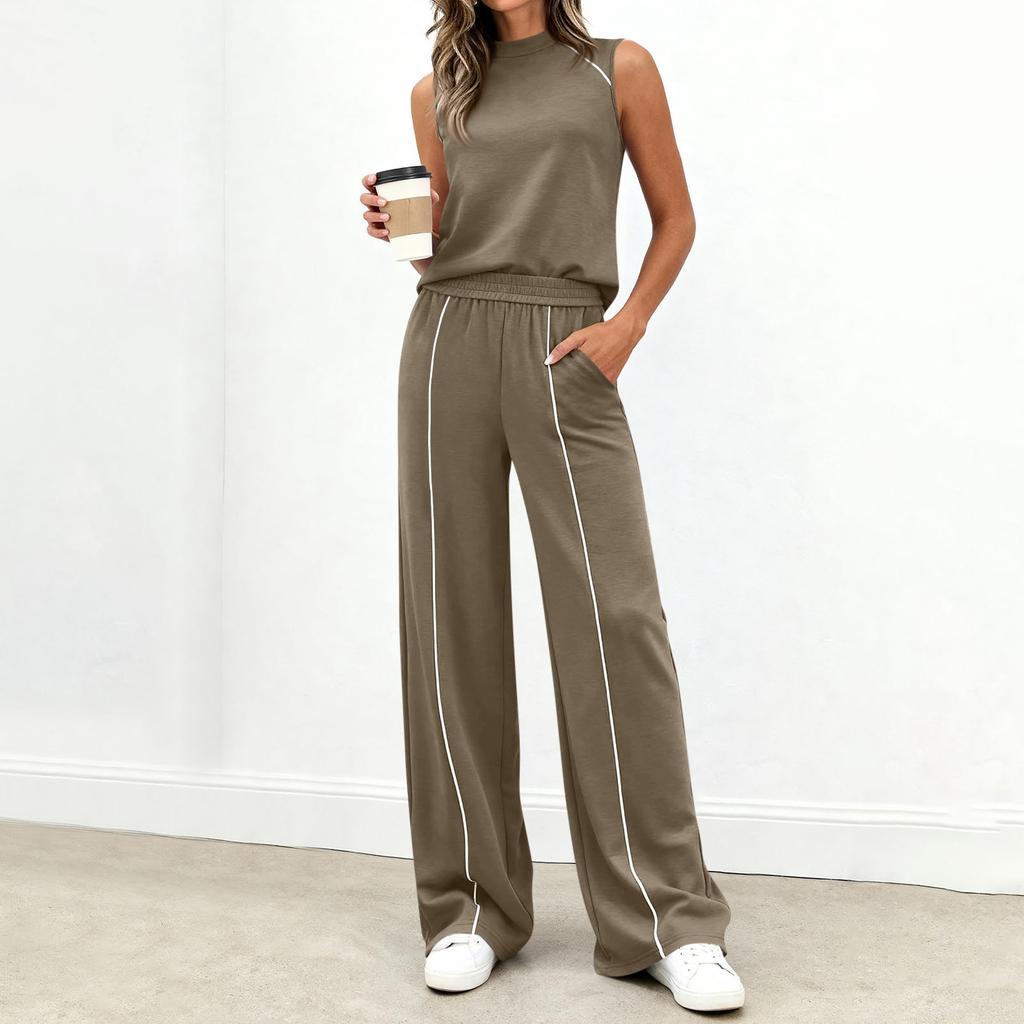 Women's Casual Fashion High-Neck Sleeveless Top And Wide-Leg Trousers Set