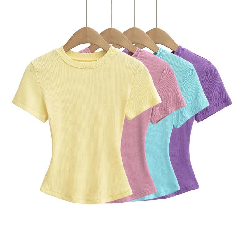 Pure Desire Women's Spicy Girl Round Neck Ribbed Summer T-Shirt