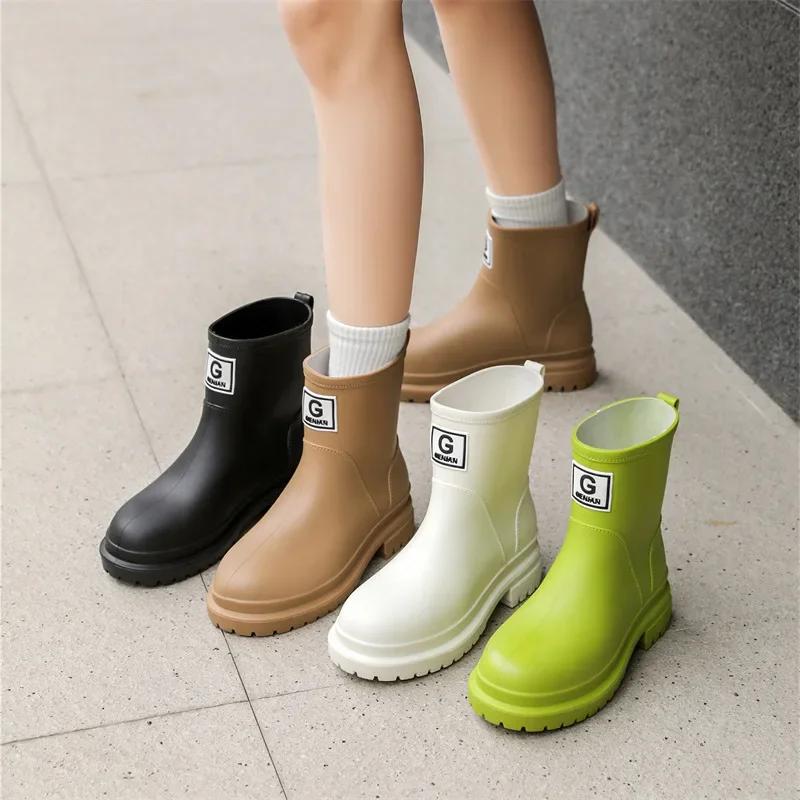 New Windproof Rain Boots Women Leather Mid-calf Rainboots Fashion Elastic Band Rain Shoe Ladies Cotton Waterproof Work Boot2025