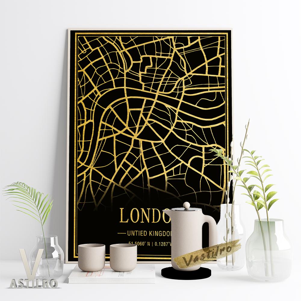 

Мировой туризм Карта города Плакат с рисунком линии Лондона Креативная печать Наклейка на стену с темным фоном