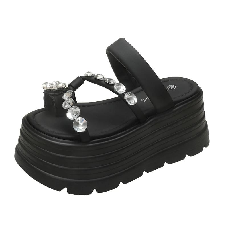 8CM Heels Chunky Slippers for Women Open Toe High Platform Crystal Sandals Woman New Summer Thick Bottom Beach Bead Flip Flops