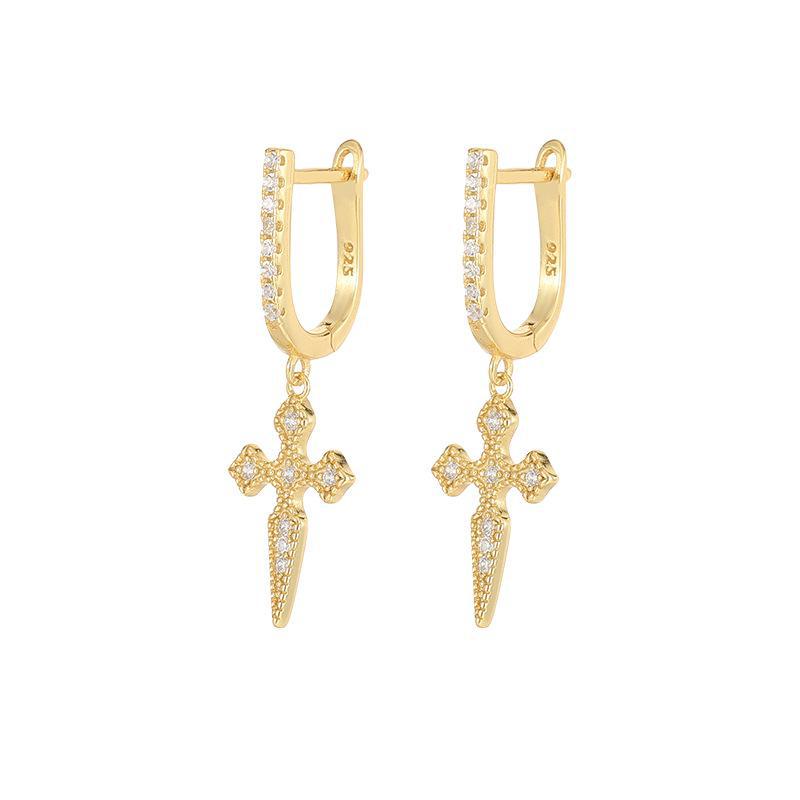 Banyan Tree S925 Silver Zircon Cross Earrings - Hip-Hop Style for Men & Women