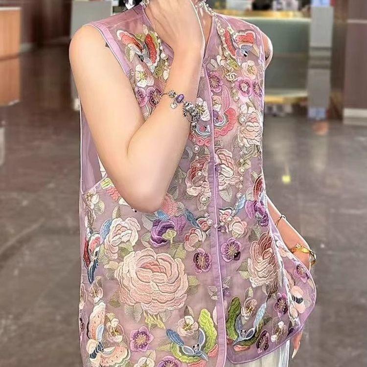 Style embroidered vest versatile summer new 2025 top retro thin vest fashionable