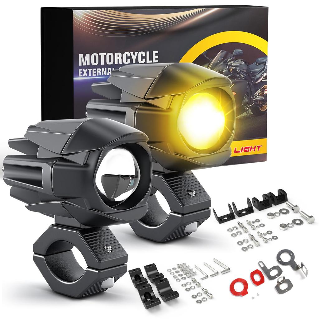 60W 18000LM Motorcycle LED Auxiliary Fog 5 Strobe Plug and Includes Wiring Kit and Two Mounting Brackets UNI-SHINE Lights, White/Amber Combo,