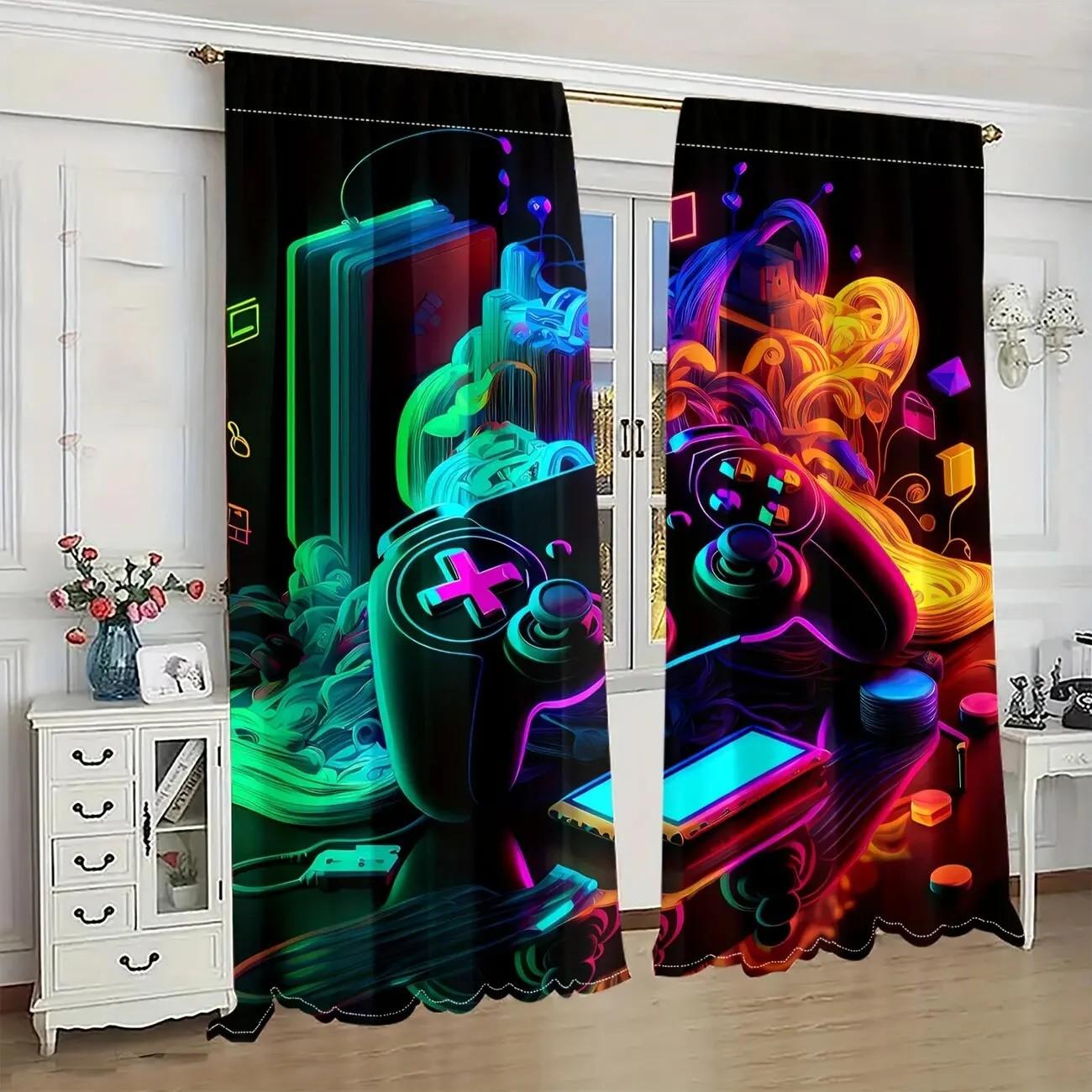 Tonnika Chen Set Of 2 Modern Jit Luminous Gamepad Curtains Polyester Drapes Gaming Room Window Decor Home Curtain Blackout With Rod Pocket