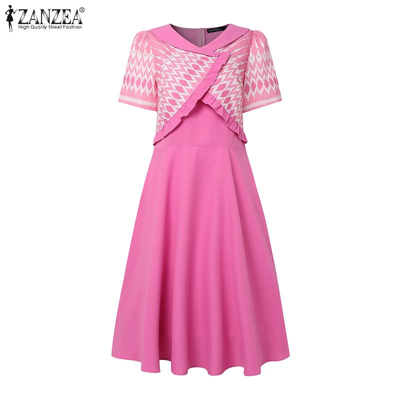 ZANZEA Women Casual V-Neck Summer Short Sleeve Print Dress