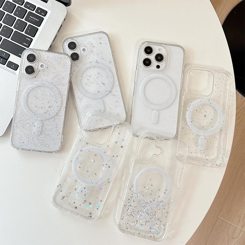 Applicable to Apple 16Promax transparent glitter star 17 sequin magnetic mobile phone case Iphone15 Epoxy soft case