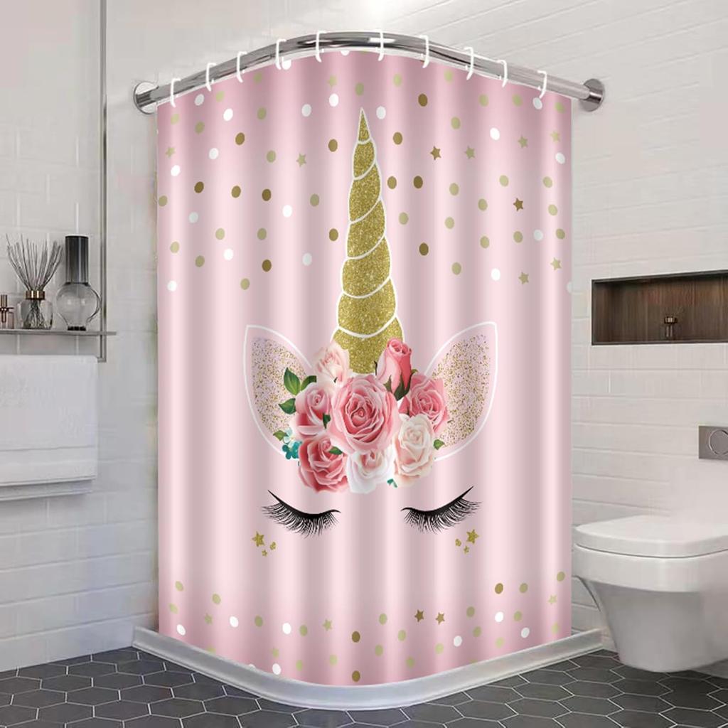 Unicorn Polka Dot Pink Shower Curtain for Girls, Waterproof Polyester Fabric Kids Bathroom Decor with Fantasy Pattern