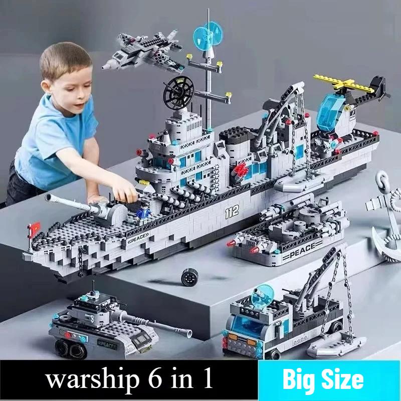 Big Size 6 IN 1 Military Navy war ship Army Ship Model Warship Building Blocks War Army Boat Plane Model Toys For Boys Kids
