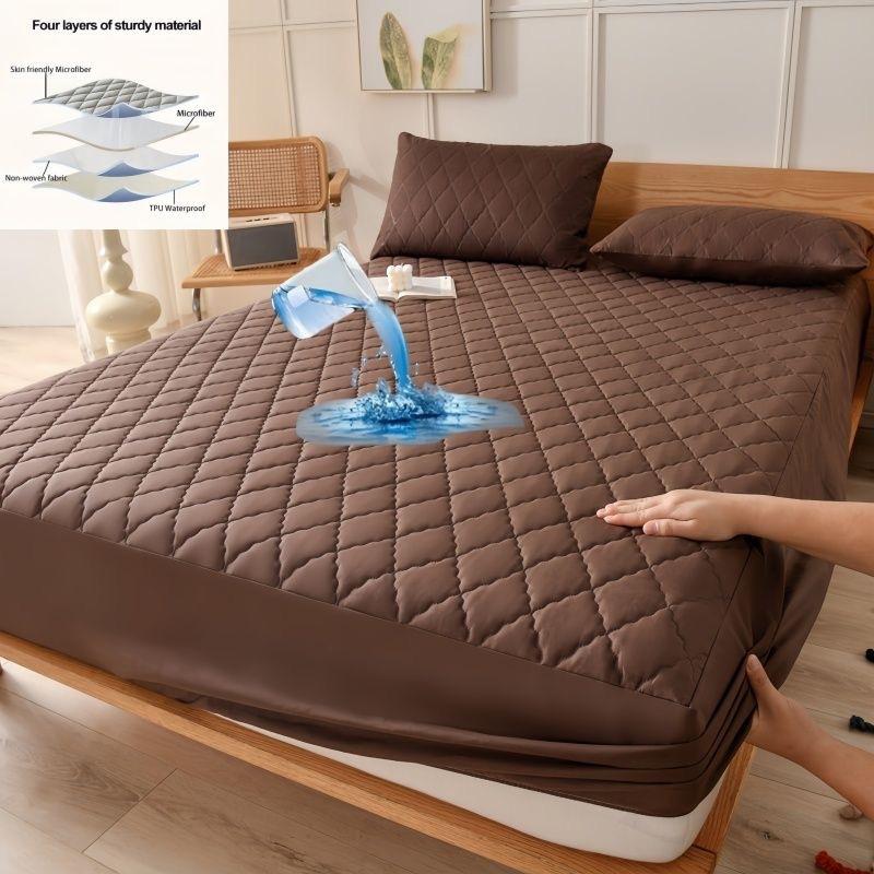 Waterproof Mattress Protector, Thick Quilted Solid Color Bed Cover with Deep Pocket,Warm Breathable Bedding for Bedroom Room Hotel, Without Pillowcase