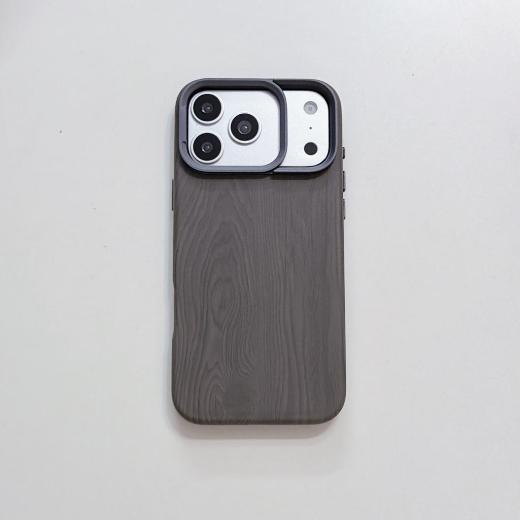 Simple Magnetic Wood Grain PC Phone Case for iPhone 17 Pro Max 16 Pro 15 Camera Stand Comfortable Grip Shockproof Slim Cover