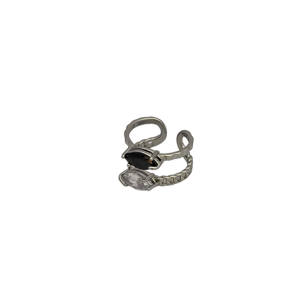 Korean Geometric Horse Eye Stone Ring: Black & White Double-Wrap Design