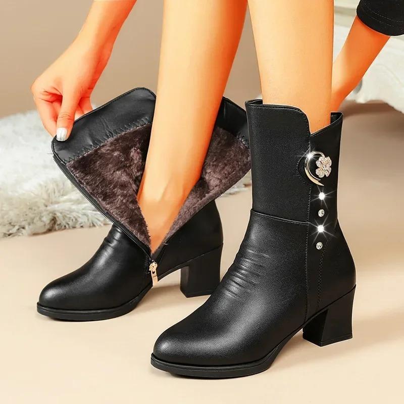 Quality Women's Ankle Boots Fashion Thick High Heels Mid-calf Leather Boots Thicke Plush Warm Cotton Boot Winter Boots for Women