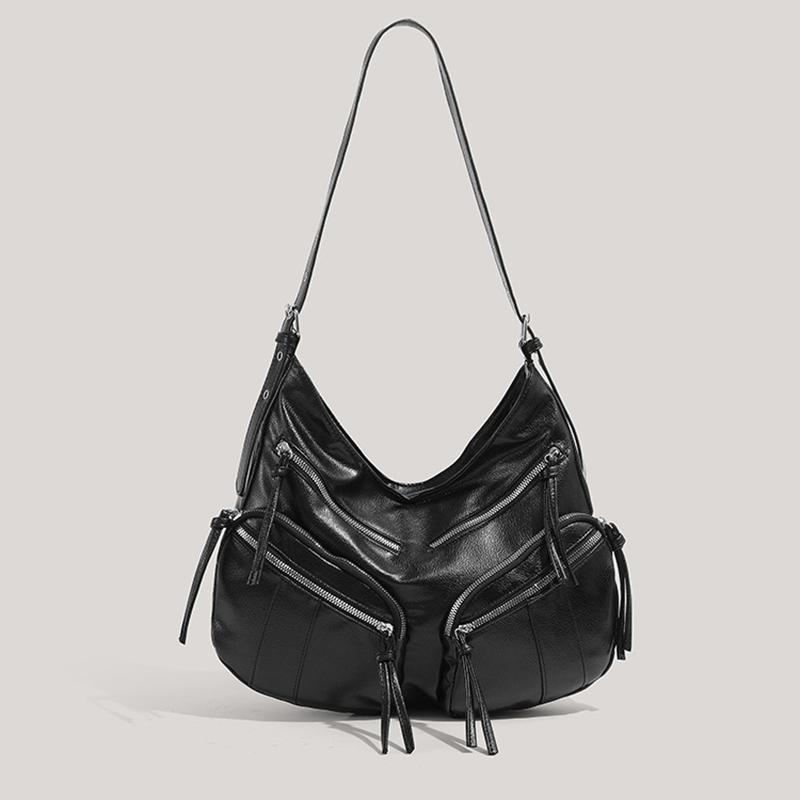 Yogodlns Vintage Large Capacity Soft Leather Black Motorcycle Bag Women's Simple Design Versatile Single Shoulder Crossbody Bag