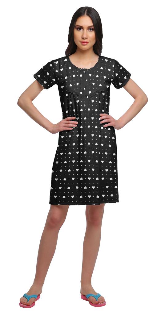 Moomaya Cotton Lace Neckline Sleepwear For Women Button Placket Nightdress