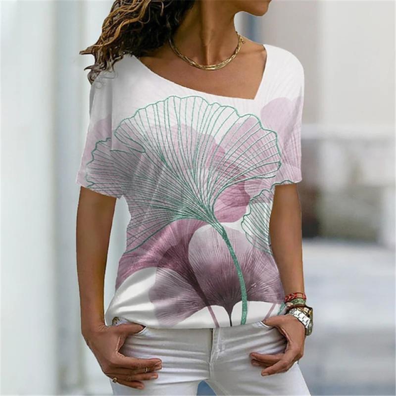 Šikmý límec Květinový Digitální 3D Tisk Harajuku Dámské Tričko Krátký Rukáv Letní Neformální Personalizované Dámské Vrchní Oblečení