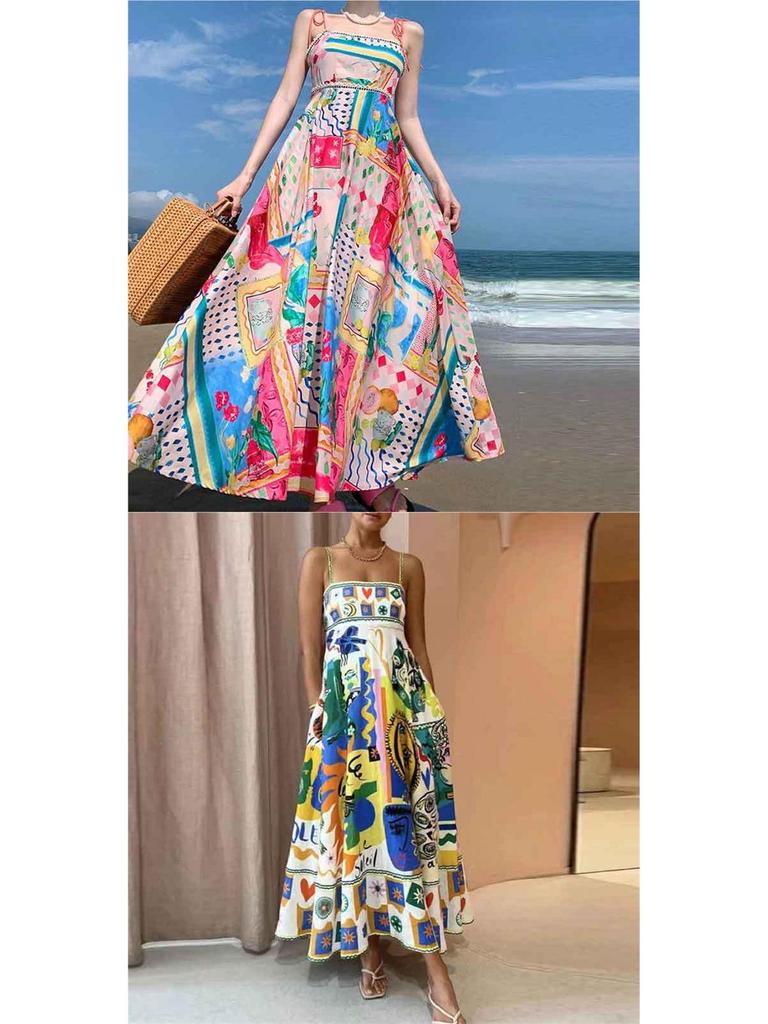 Frühling 2026 Europäisches & Amerikanisches Damenkleid mit Graffiti-Print - Sexy Spaghettiträger, Ärmellos, Großes Saumdesign