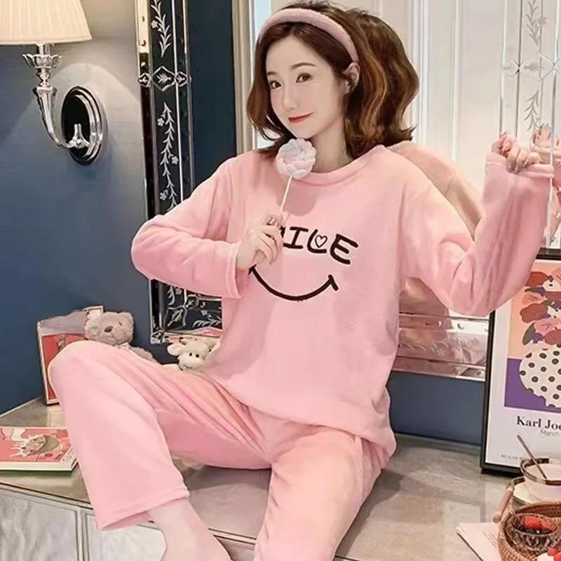 Warm Sleepwear for Winterthickened Plus Size Coral Velvet Pajamas Women Warm Long Sleeve Solid Color Plaid Trousers Home Suit