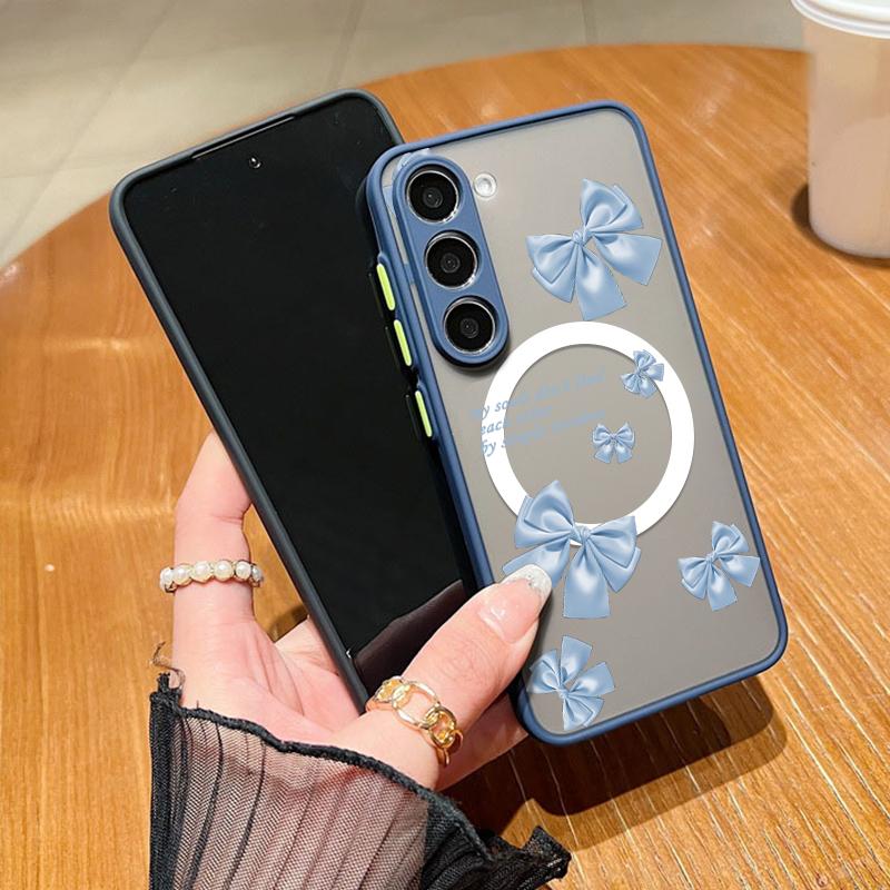 Bowknot Pattern Clear Magnetic Case For Samsung S25 S24 FE S23 Ultra S22 A56 A36 A15 A55 A35 Wireless Charge Shockproof Slim Matte Hone Cover