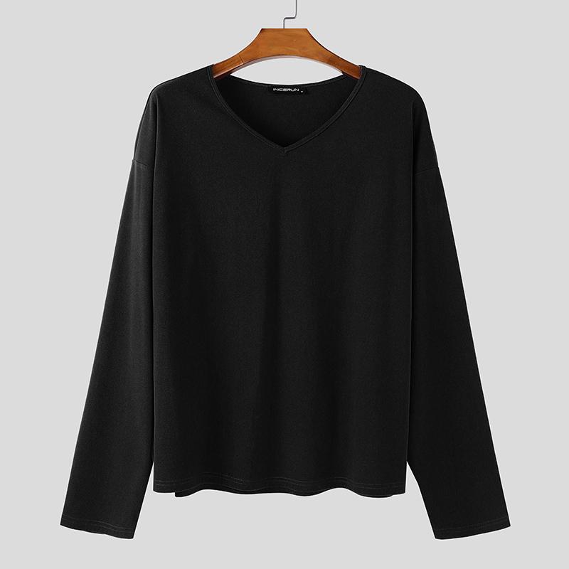 

INCERUN Oversized Men Undershirts V Neck Long Sleeve Casual Loose T-shirts Tops M чёрный